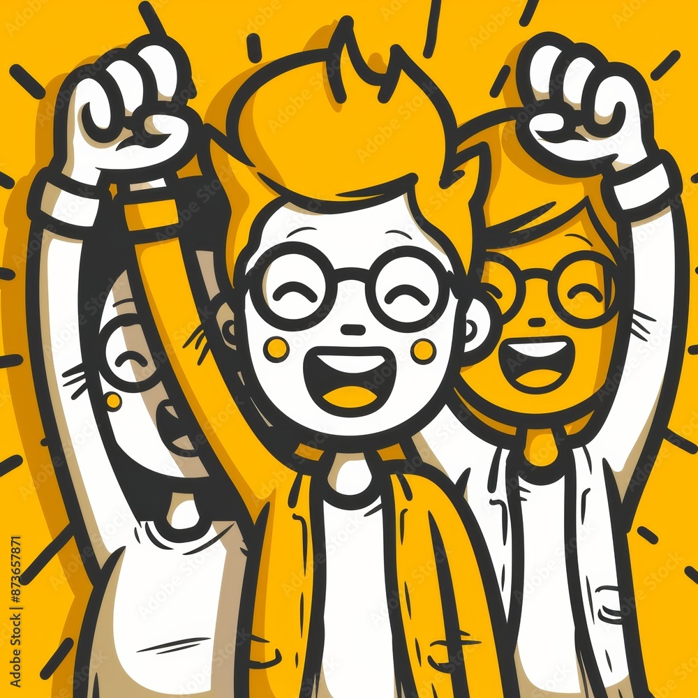 the scene for a minimalist line drawing where three people, donned in shirts and suits, raise their hands in cheers with expressions of jubilation on yellow background. the scene for a minimalist line drawing where three people, donned in shirts and suits, raise their hands in cheers with expressions of jubilation on yellow background.