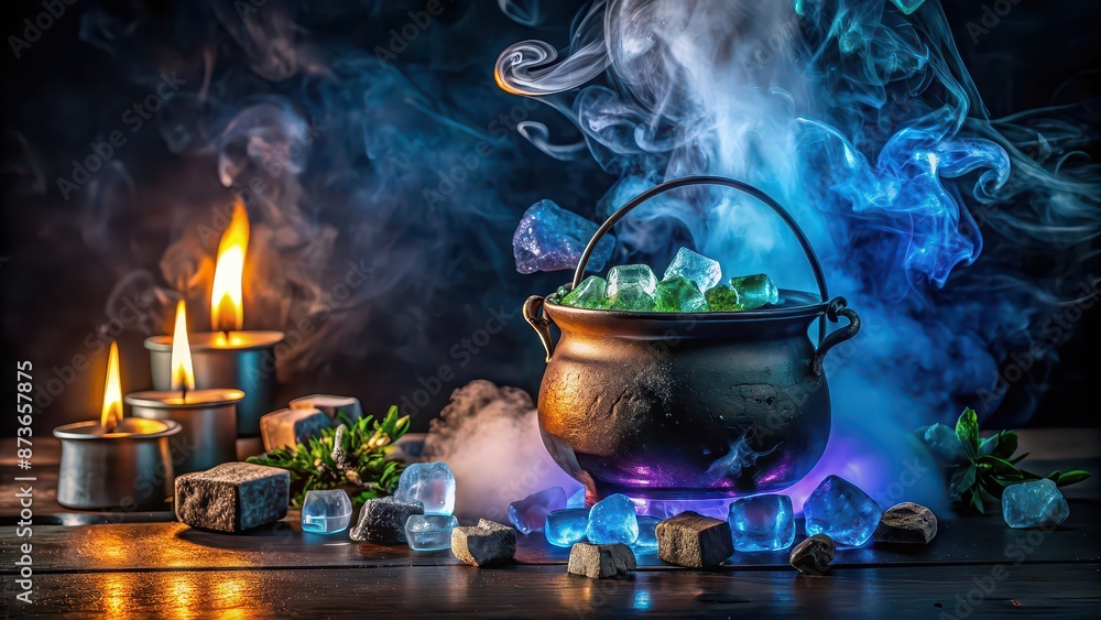 Magical boiling potion in iron pot with blue, purple, and green ice cubes, stones, and smoke, near burning candle on dark table