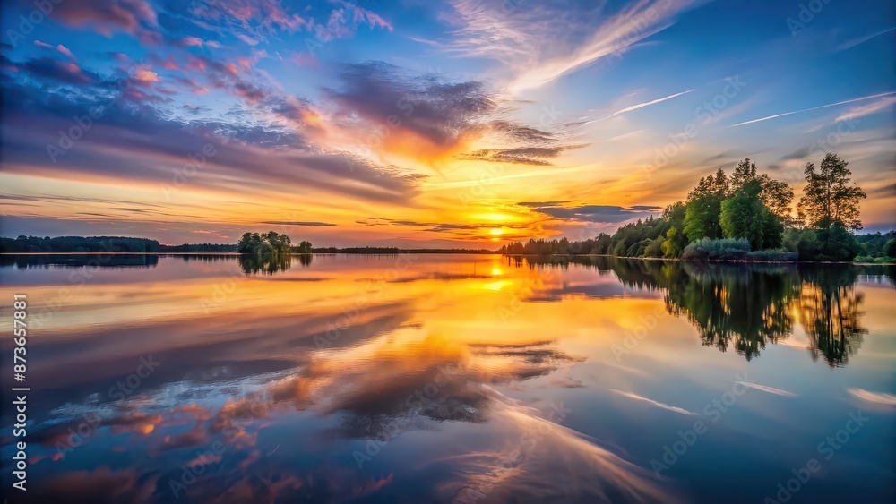 Symphony of reflections on a tranquil lake at sunset , music, mirror, harmony, water, ripples, calm, serene, tranquility Symphony of reflections on a tranquil lake at sunset , music, mirror, harmony, water, ripples, calm, serene, tranquility