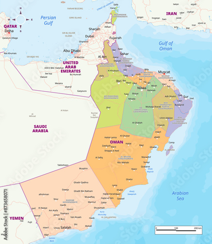 Physical political map of Oman vector illustration
