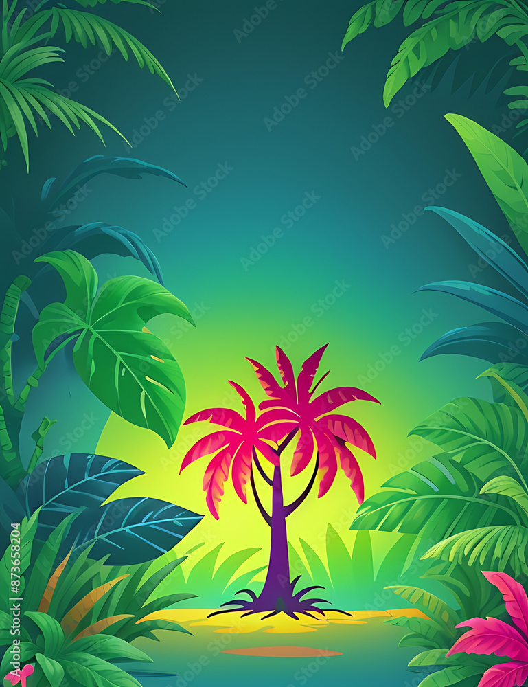 Fototapeta premium Illustration of a tropical background in neon light in retro style, with tropical leaf and trees silhouette, vintage style 