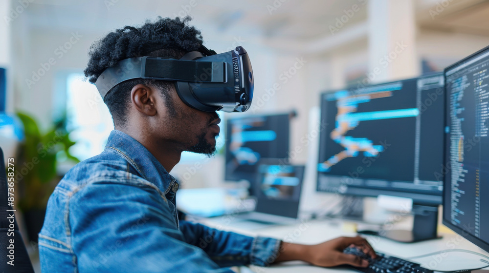 A developer using a virtual reality headset to design and test software applications in an immersive environment A developer using a virtual reality headset to design and test software applications in an immersive environment
