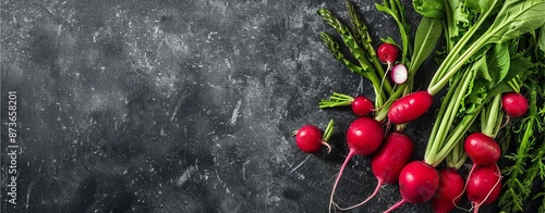 Fresh red radishes and asparagus rest on dark gray background. photo