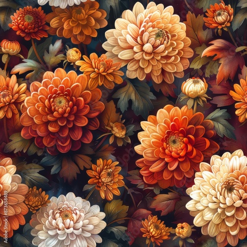 watercolor Chrysanthemums in rich oranges, deep reds, and golden yellows, intricate floral patterns, dark burgundy background, vibrant and festive, seamless repeating pattern, minimal pattern