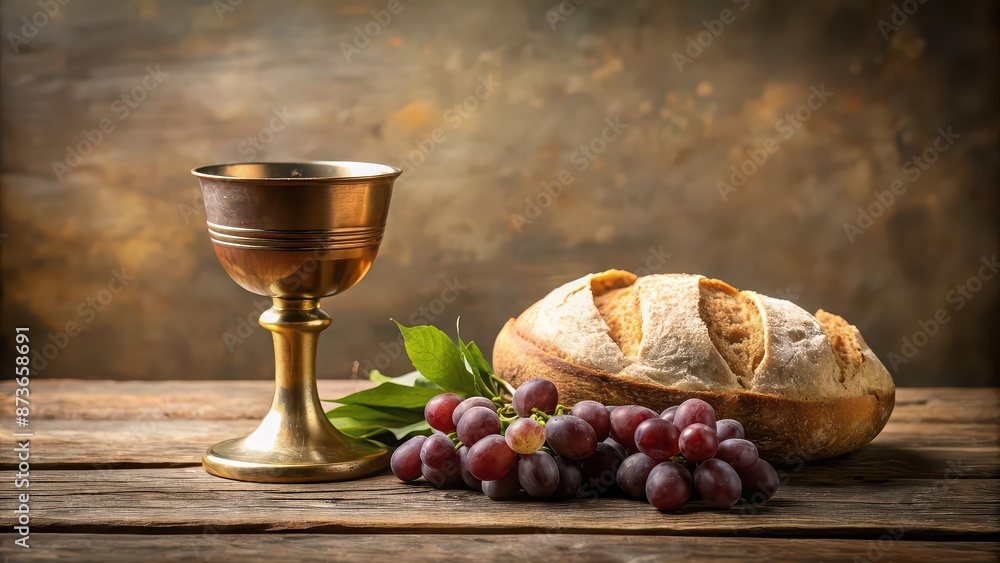 Fototapeta premium Easter Communion still life with chalice of wine and bread, Easter, communion, religious, Christianity, tradition