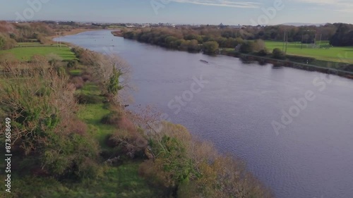 Aerial dolly captures rowers practicing in the River Corrib, Galway. photo