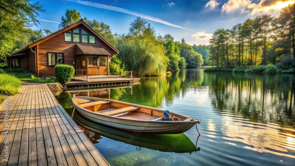 House on the river with a wooden deck and a rowboat , waterfront property, serene, tranquil, peaceful, nature, riverside House on the river with a wooden deck and a rowboat , waterfront property, serene, tranquil, peaceful, nature, riverside