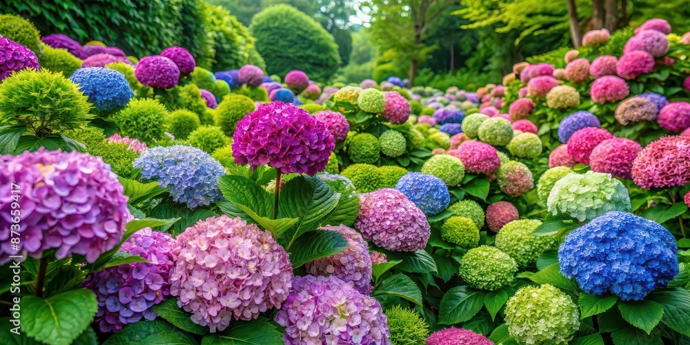 Lush hydrangea garden with colorful blooms and green foliage, hydrangeas, garden, flowers, blooming, floral Lush hydrangea garden with colorful blooms and green foliage, hydrangeas, garden, flowers, blooming, floral