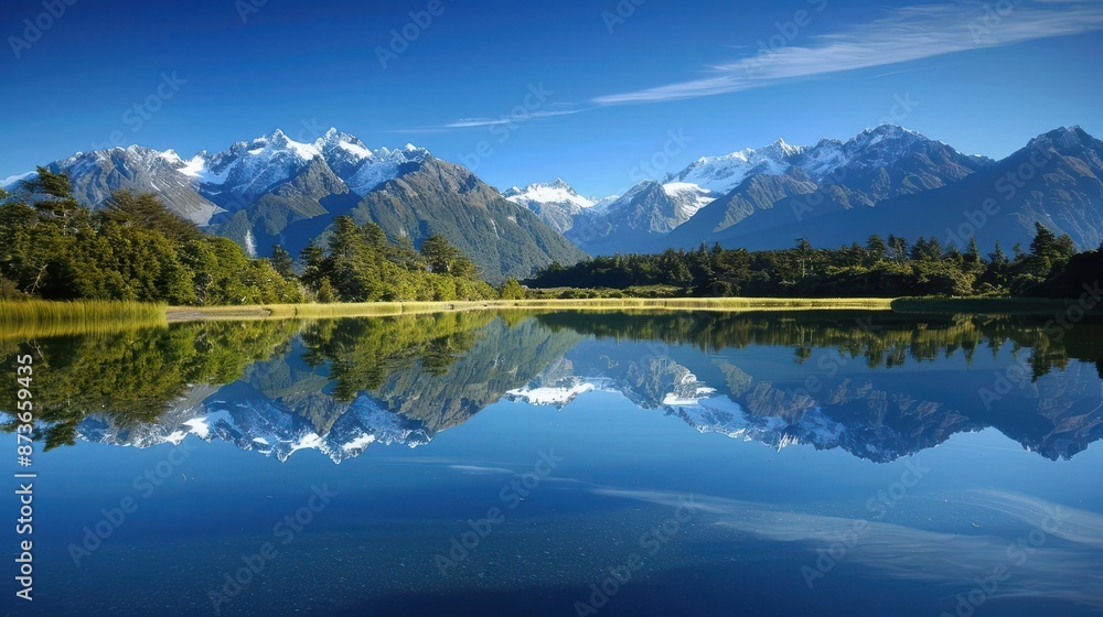 A serene mountain lake with a reflection of snowcapped peaks and a clear sky A serene mountain lake with a reflection of snowcapped peaks and a clear sky