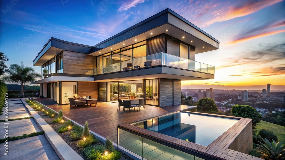 Modern luxury home with panoramic cityscape view at twilight, luxury, home, modern, cityscape, view, twilight Modern luxury home with panoramic cityscape view at twilight, luxury, home, modern, cityscape, view, twilight