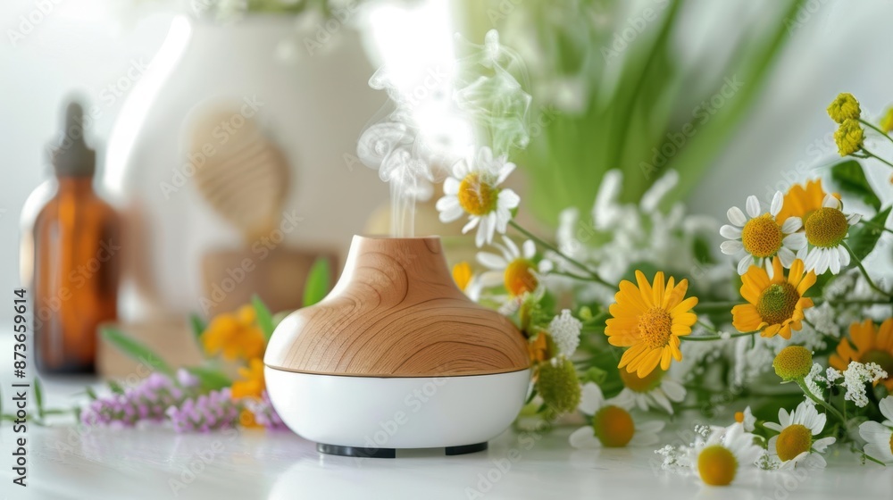 Aromatherapy setup with essential oils, diffuser, and fresh flowers, creating a calming environment, isolated on white background, copy space Ideal for wellness and holistic health Aromatherapy setup with essential oils, diffuser, and fresh flowers, creating a calming environment, isolated on white background, copy space Ideal for wellness and holistic health