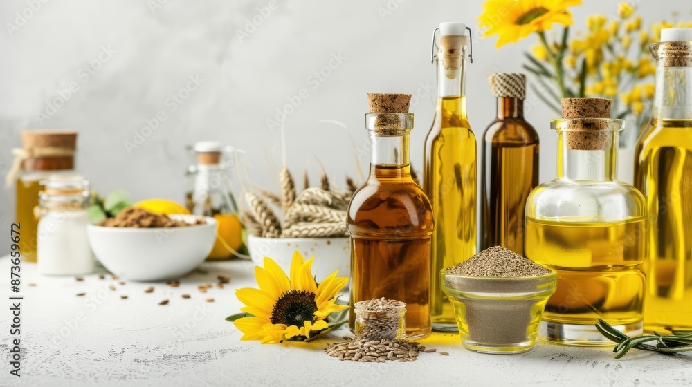 Assorted plantbased oils in glass bottles Assorted plantbased oils in glass bottles