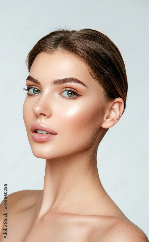 Beautiful young woman with fresh clean skin on white background with copy space. Face care, cosmetology, beauty treatment and spa concept. Beautiful young woman with fresh clean skin on white background with copy space. Face care, cosmetology, beauty treatment and spa concept.