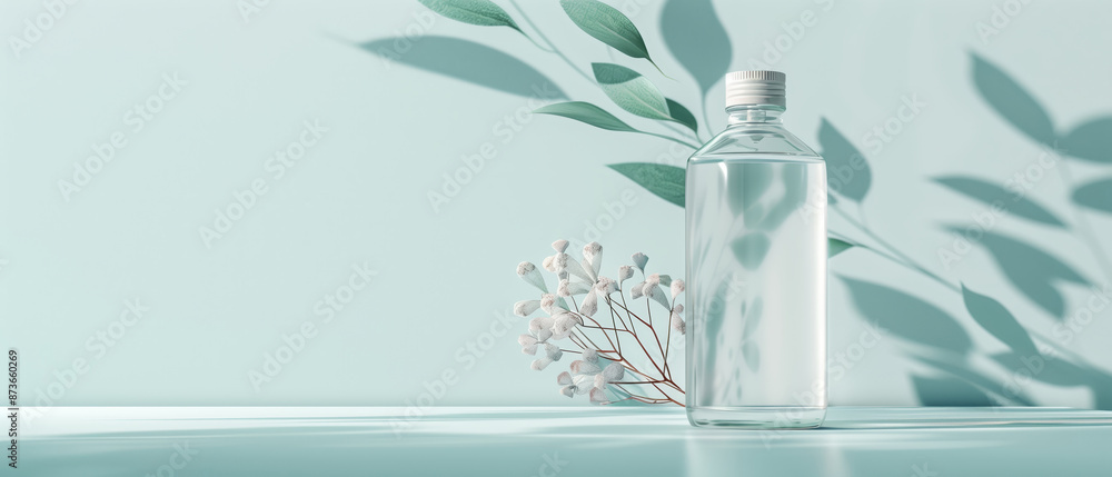 A minimalistic image of a clear, sleek bottle on a light blue surface, complemented by delicate white flowers with green leaves casting shadows. A minimalistic image of a clear, sleek bottle on a light blue surface, complemented by delicate white flowers with green leaves casting shadows.