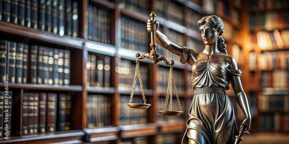 Fototapeta premium Statue of Justice in library, symbol of law and order, justice, statue, library, scales, blindfolded, legal, balance