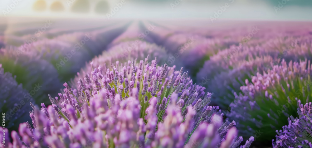 Obraz premium Beautiful lavender field at sunrise with rows of blooming purple flowers stretching towards the horizon, creating a serene and peaceful scenery.