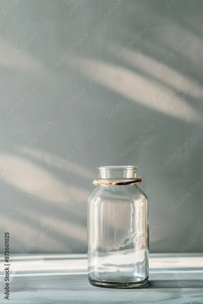 small empty glass jar stands on a gray table against the background of a gray kitchen wall small empty glass jar stands on a gray table against the background of a gray kitchen wall