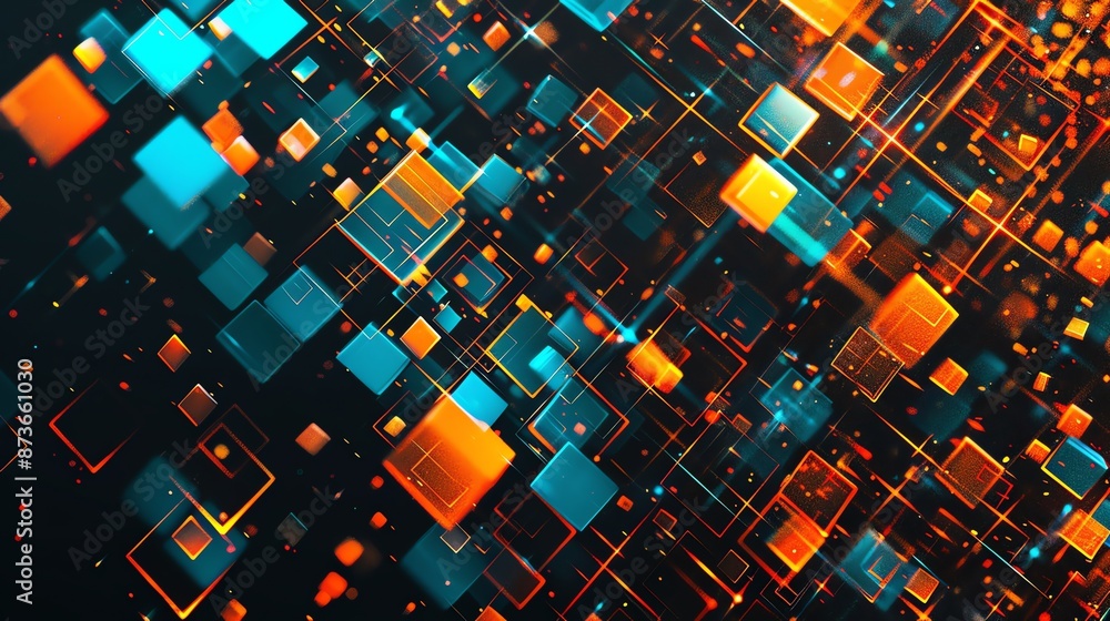 Geometric abstract design featuring a mix of bright blue, orange and red squares. Geometric abstract design featuring a mix of bright blue, orange and red squares.
