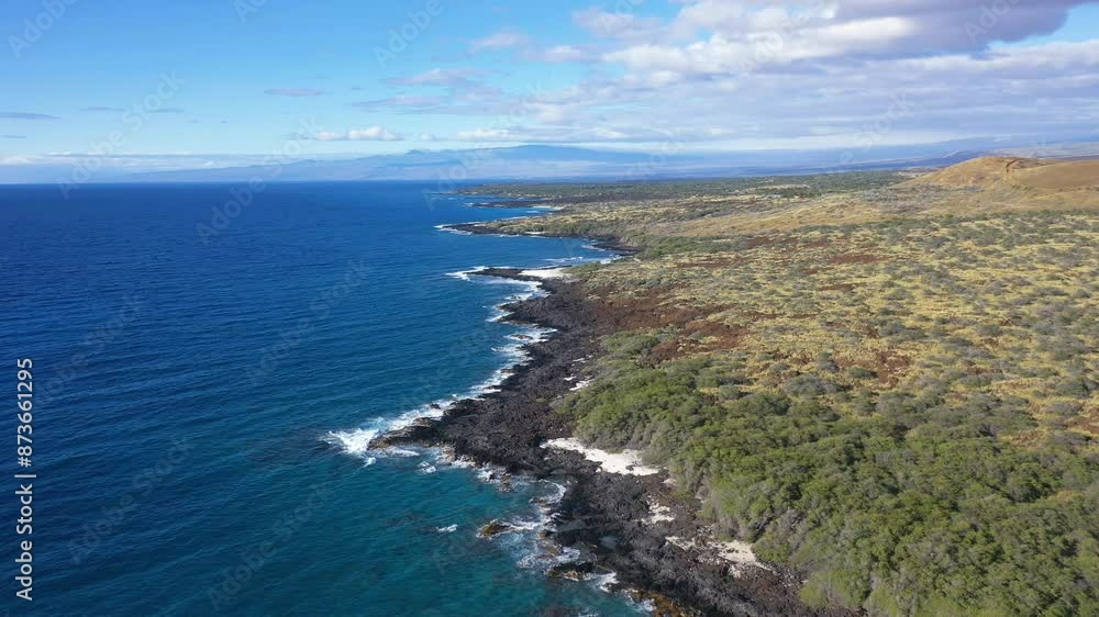 Aerial view of the Hawaiian coastline with rocky shores, blue ocean, and rolling hills under a clear sky.
Aerial view of the Hawaiian coastline with rocky shores, blue ocean, and rolling hills under a clear sky.