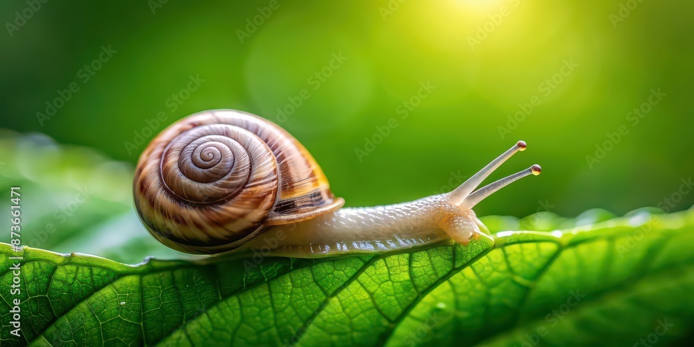 Closeup of a tiny spiral-shelled snail crawling on a lush green leaf in a natural garden setting, snail, spiral, shell, tiny Closeup of a tiny spiral-shelled snail crawling on a lush green leaf in a natural garden setting, snail, spiral, shell, tiny