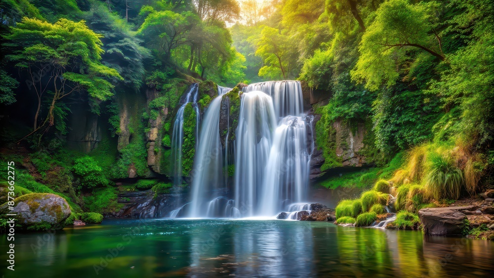 Obraz premium Beautiful waterfall in a forest setting, nature, water, cascading, environment, stream, flow, rocks, landscape, serene