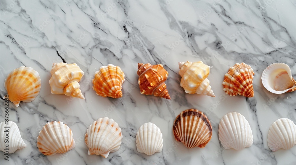Minimalist summer seashell display with orange conchs on a marble surface, providing plenty of copy space for text Minimalist summer seashell display with orange conchs on a marble surface, providing plenty of copy space for text
