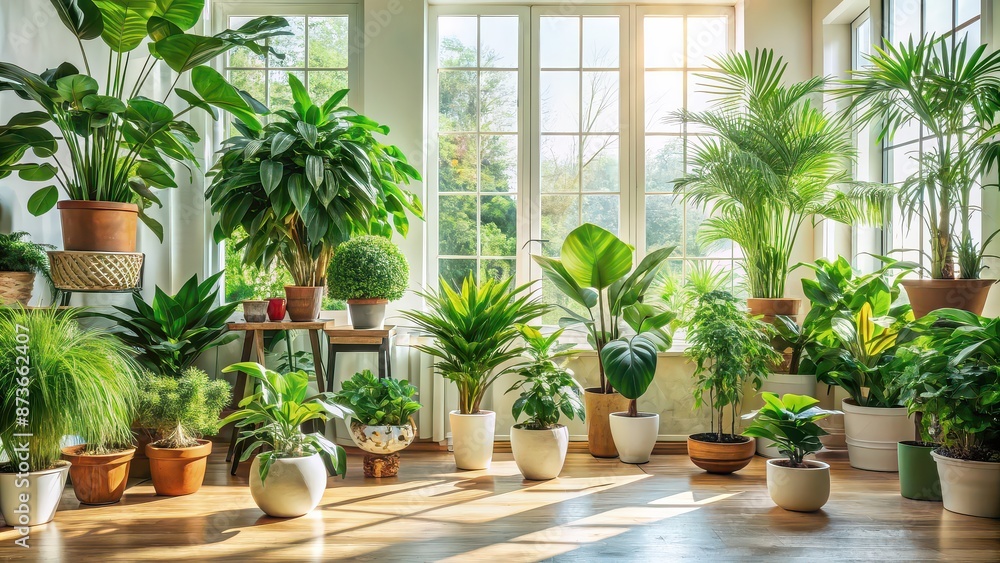 Lush green houseplants thriving in a well-lit indoor space, greenery, lush, houseplants, thriving, indoors, growth