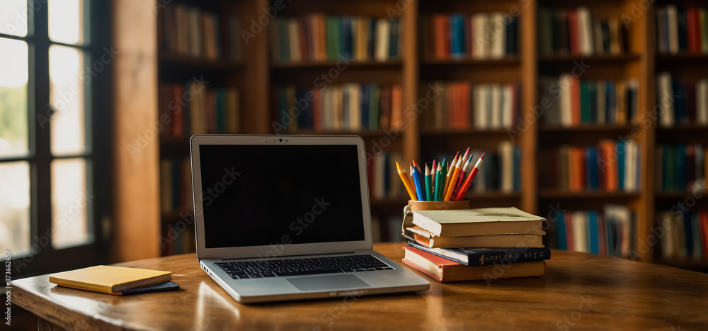 A room full of books and a computer on the desk. Private Study Room or Online Learning Concept. A room full of books and a computer on the desk. Private Study Room or Online Learning Concept.