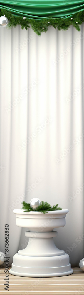Obraz premium Elegant white podium with greenery in front of a white curtain backdrop, perfect for events or presentations.