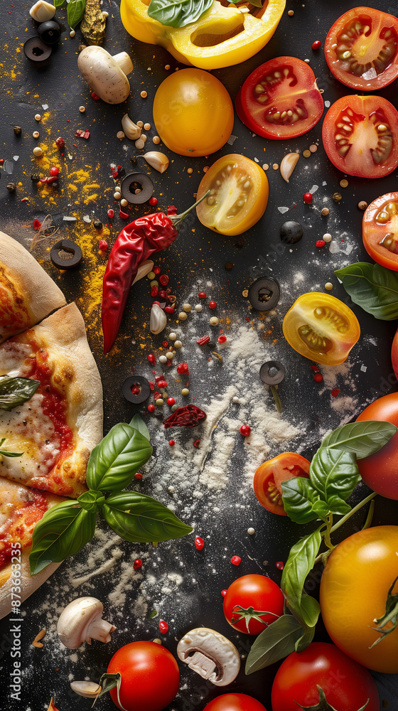 vertical abstract pizzeria background featuring abstract culinary ingredients reminiscent of taste and aroma dark background vertical abstract pizzeria background featuring abstract culinary ingredients reminiscent of taste and aroma dark background