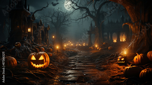 Jack O’ Lanterns Glowing At Moonlight In The Spooky Night - Halloween Scene, Generative AI.