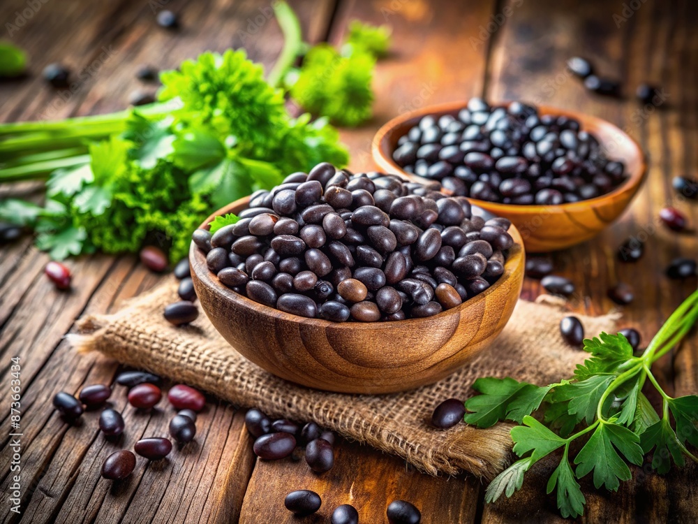 Freshly cooked black beans scattered on a rustic wooden table, surrounded by vibrant green herbs and a subtle earthy toned background, evoking healthy food concepts. Freshly cooked black beans scattered on a rustic wooden table, surrounded by vibrant green herbs and a subtle earthy toned background, evoking healthy food concepts.