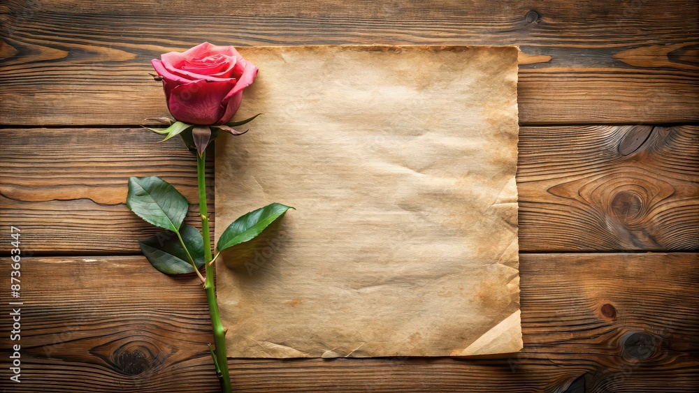 Old paper with a rose on a wooden background, vintage, romantic, love, nostalgia, aged, rustic, texture, floral, bloom Old paper with a rose on a wooden background, vintage, romantic, love, nostalgia, aged, rustic, texture, floral, bloom