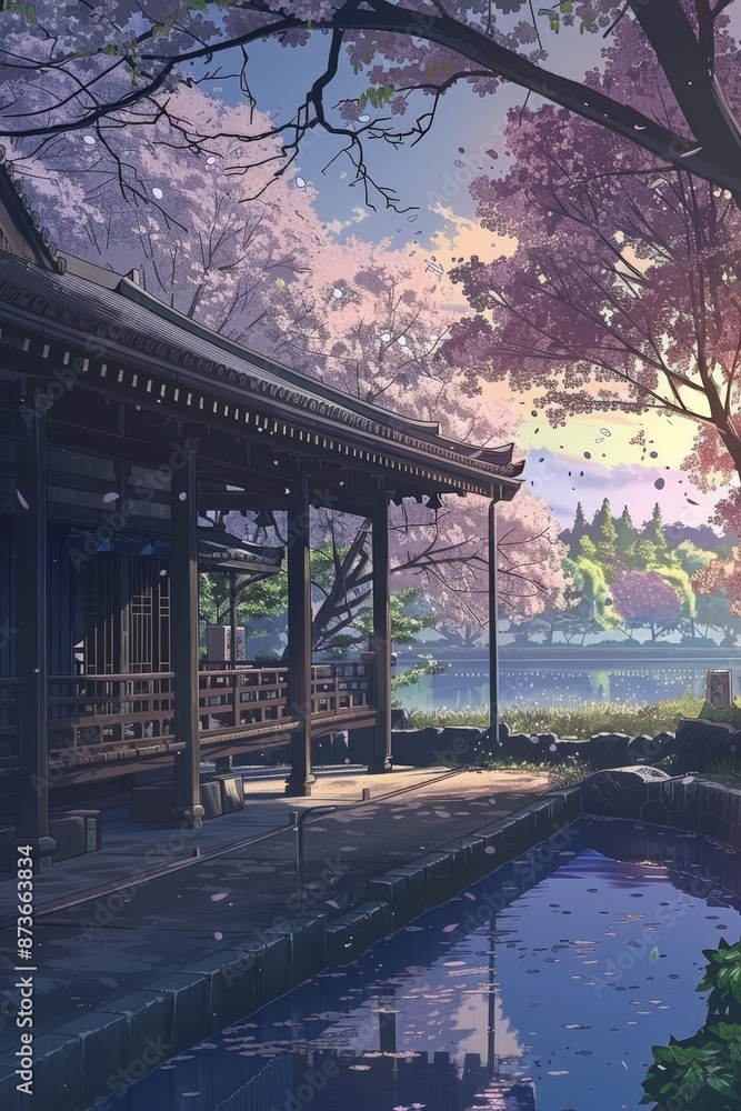 Obraz premium An anime depiction of a hanok by a pond, with flowering trees and the soft light of spring creating a peaceful atmosphere.