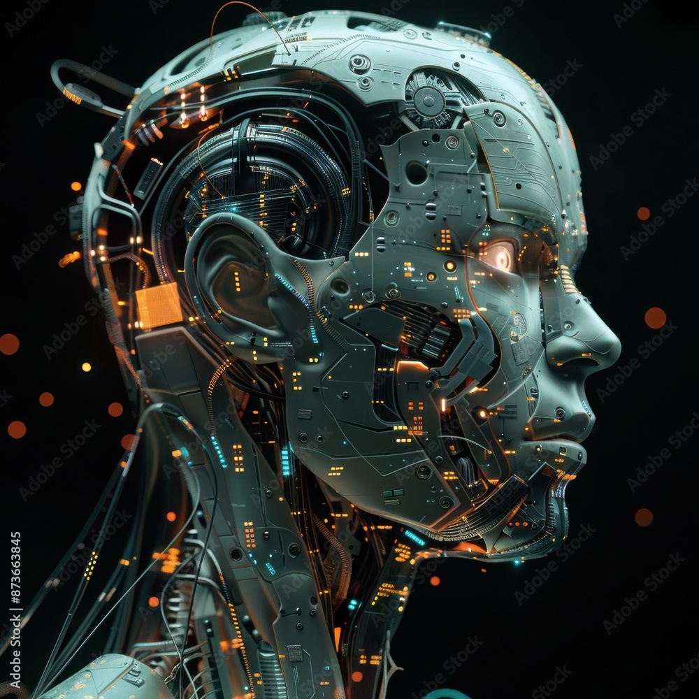 Detailed portrait of a robot with human features, showcasing advanced AI, with circuits and digital patterns subtly embedded in its skin Detailed portrait of a robot with human features, showcasing advanced AI, with circuits and digital patterns subtly embedded in its skin