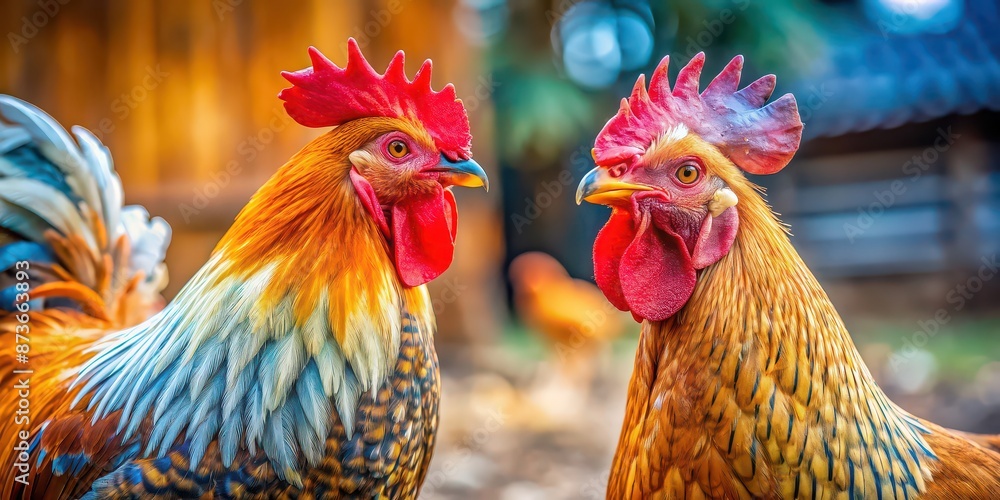 Fototapeta premium Close-up of a colorful hen and rooster in a farmyard , poultry, farm animals, rooster, hen, feathers, livestock, rural, agriculture