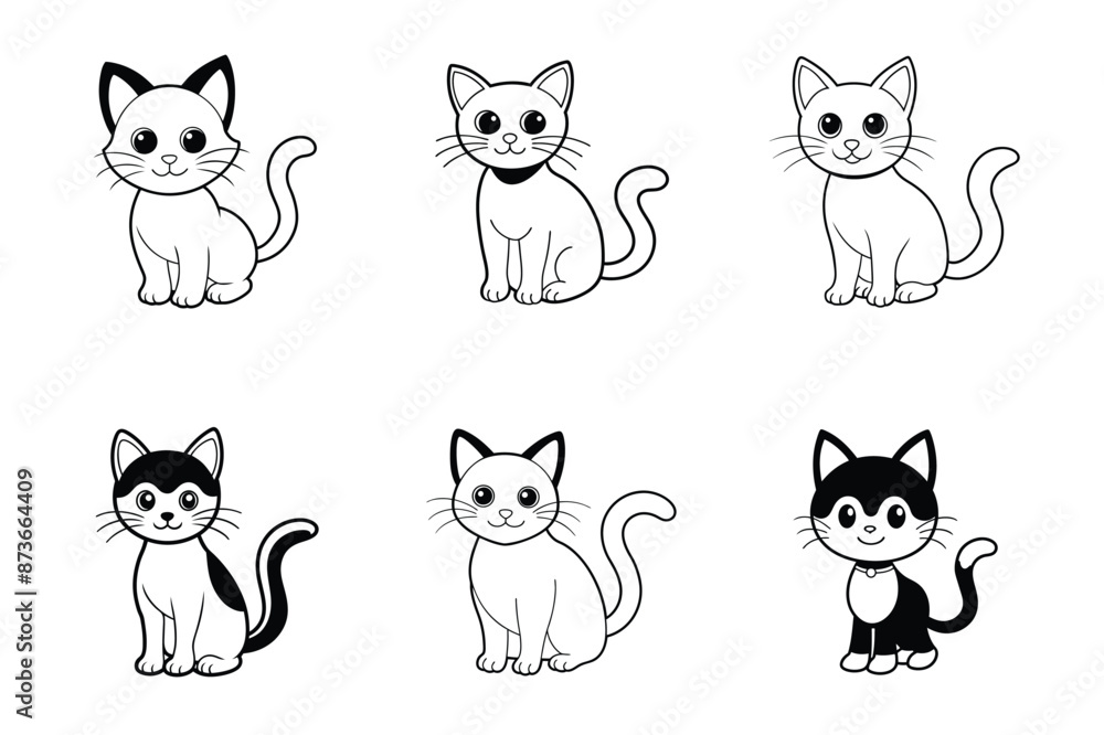 Cute black cat cartoon line art and silhouette vector illustration bundle set. Cute black cat cartoon line art and silhouette vector illustration bundle set.