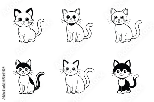 Cute black cat cartoon line art and silhouette vector illustration bundle set.