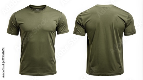 Military green crew neck short sleeve t-shirt mockup template with front and back views isolated on white background, perfect for apparel design and branding.