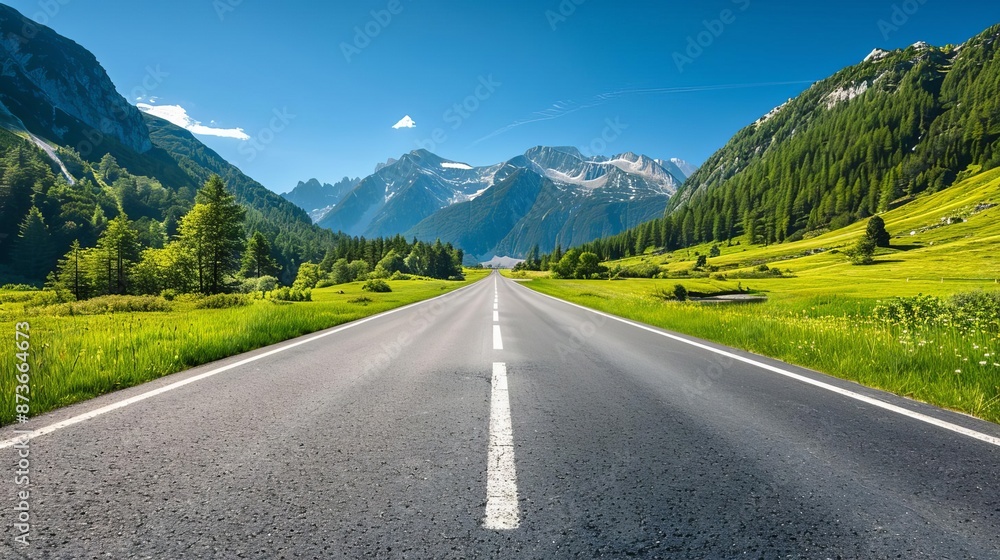 Naklejka premium An empty road through an alpine meadow, Road Banner, Mountain Meadow