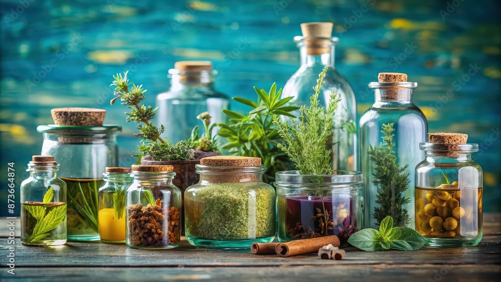 Glass jars and herb oil bottles filled with various medicinal herbs Glass jars and herb oil bottles filled with various medicinal herbs