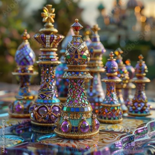 Ornate and colorful chess pieces on a decorative chessboard, captured in an artistic outdoor setting.