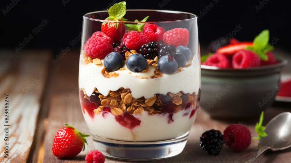 Healthy breakfast: fresh yogurt with crunchy granola and mixed berries, top view. Nutritious morning meal featuring creamy yogurt, sweet blueberries, juicy strawberries, and raspberries with a sprinkl Healthy breakfast: fresh yogurt with crunchy granola and mixed berries, top view. Nutritious morning meal featuring creamy yogurt, sweet blueberries, juicy strawberries, and raspberries with a sprinkl