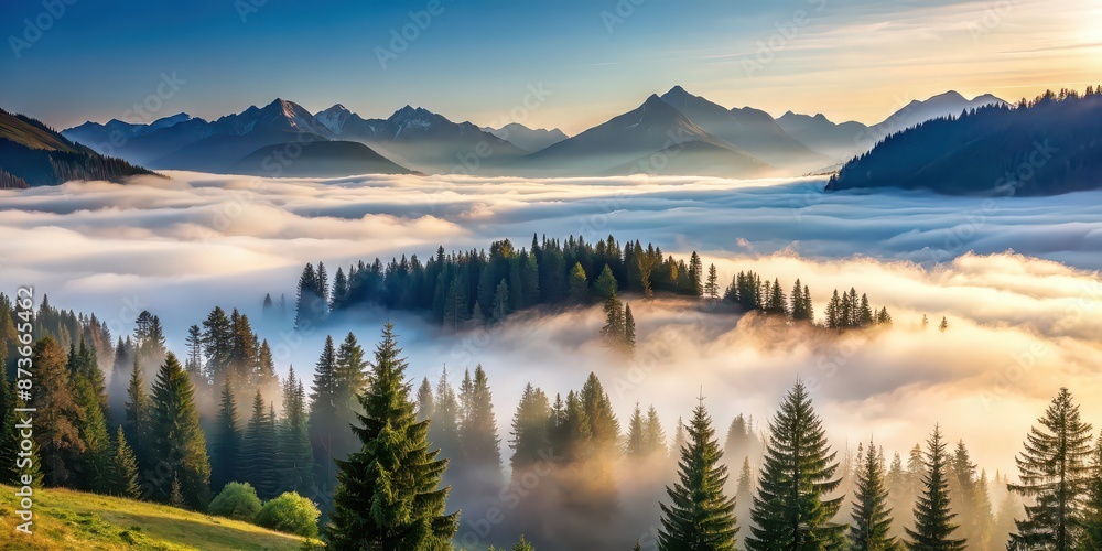 Dense morning fog enveloping alpine landscape with fir trees and mountains, fog, alpine, landscape, fir trees, mountains, misty Dense morning fog enveloping alpine landscape with fir trees and mountains, fog, alpine, landscape, fir trees, mountains, misty