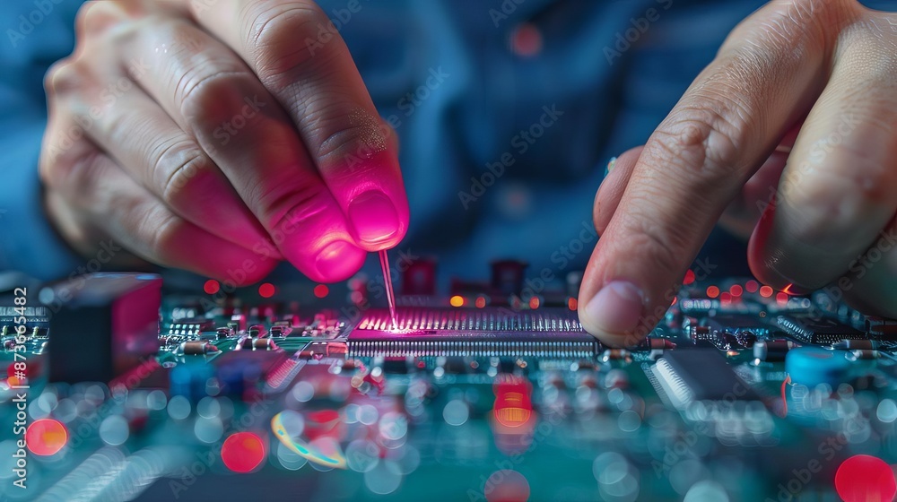 Close-up of hands working on a circuit board with precision tools, highlighting the intricate details of electronic components. Close-up of hands working on a circuit board with precision tools, highlighting the intricate details of electronic components.