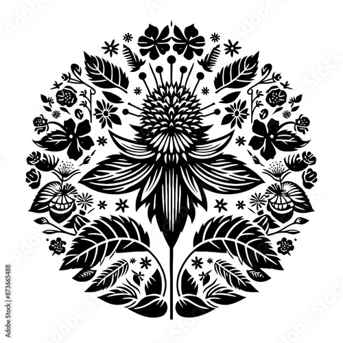 Beebalm, Monarda flower in decorative emblem ornament, Victorian, art deco, art nouveau, boho, bohemian,  folk, flourish