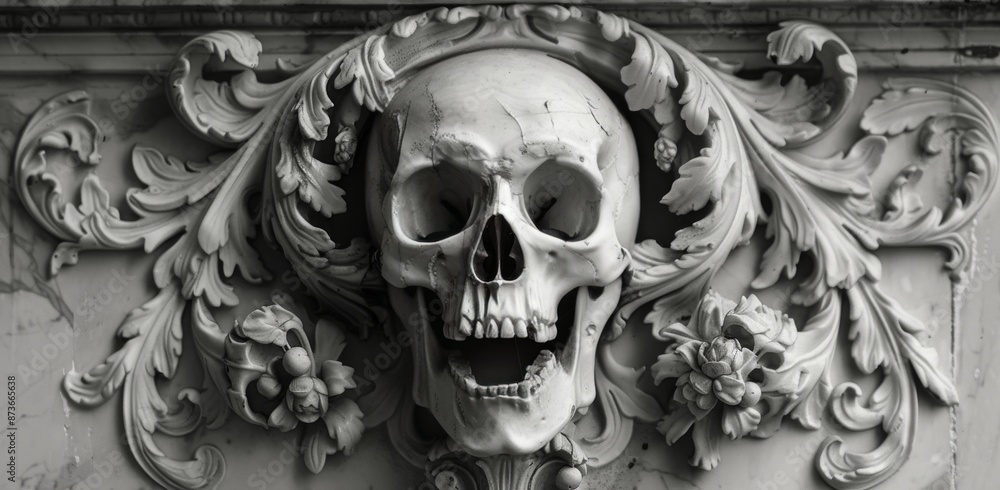 Fototapeta premium Ornate Skull Relief Carving With Floral Accents in Black and White