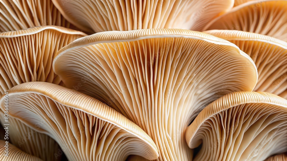 Close up of Oyster mushrooms showing intricate gills and texture, oyster mushrooms, Pleurotus ostreatus, close up, gills Close up of Oyster mushrooms showing intricate gills and texture, oyster mushrooms, Pleurotus ostreatus, close up, gills