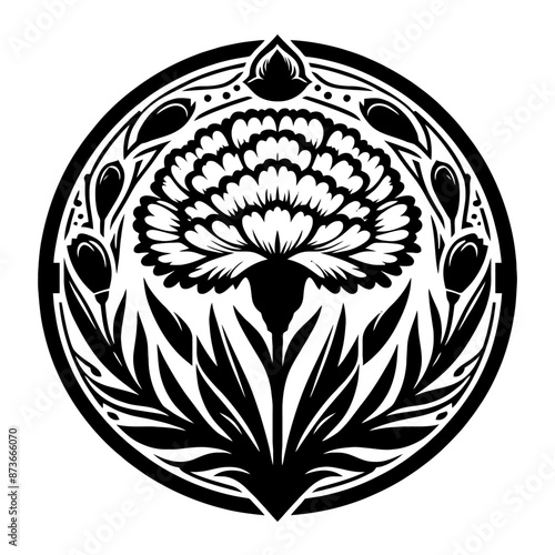 Carnations flower in decorative emblem ornament, Victorian, art deco, art nouveau, boho, bohemian,  folk, flourish