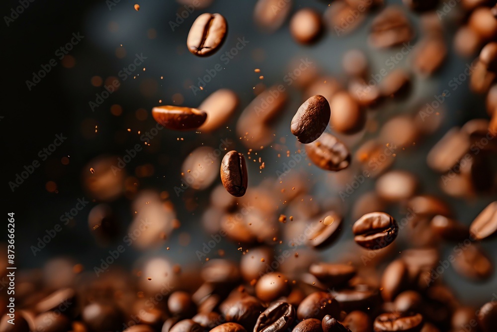 Coffee beans suspended midair with a dynamic bokeh effect in the background Coffee beans suspended midair with a dynamic bokeh effect in the background
